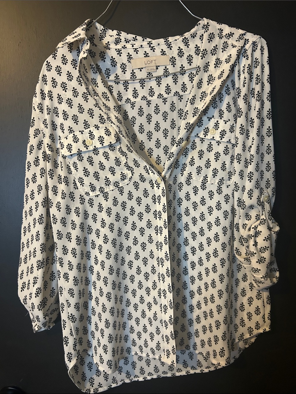 LOFT Cream and Black Printed Button-Front Blouse